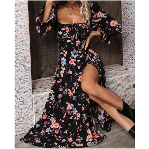 Boho Floral Print Ruffle Sleeve Maxi Dress - Picture 5 of 7
